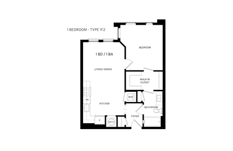 Floor plan for 1 bed, 1 bath, 685 sqft